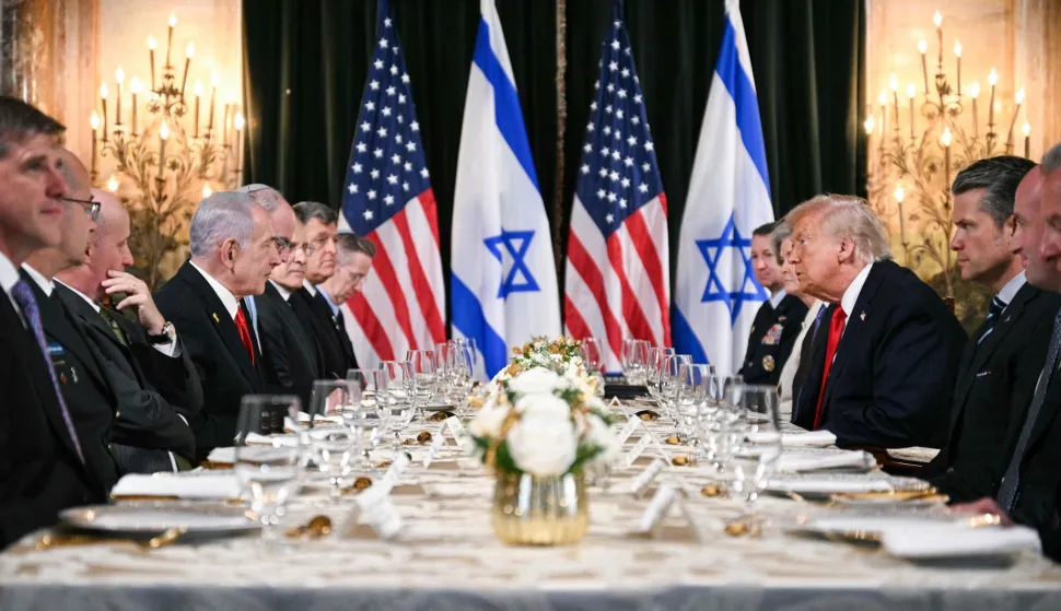 US President Donald Trump (center R) meets with Israeli Prime Minister Benjamin Netanyahu (center L) during a bilateral meeting at Trump?s Mar-a-Lago residence in Palm Beach, Florida, on December 29, 2025. (Photo by Jim WATSON/AFP)