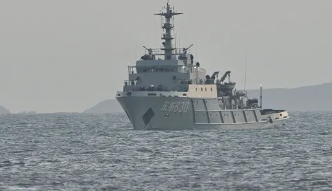 A Chinese ship is seen in waters near Pingtan island, the closest point to Taiwan, in eastern China?s Fujian province on December 29, 2025. China launched live-fire drills around Taiwan on December 29 that it said would simulate a blockade of the self-ruled island's key ports, prompting Taipei to condemn Beijing's "military intimidation". (Photo by ADEK BERRY/AFP)
