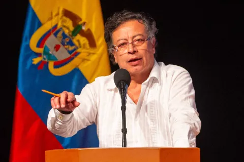 (FILES) Colombia's President Gustavo Petro speaks during the World Health Organization's second global conference on air pollution and health in Cartagena, Colombia on March 27, 2025. Colombian President Gustavo Petro declared a 30-day economic emergency on December 22, 2025 in response to an ?imminent fiscal crisis? after Congress shelved a tax reform bill that sought to obtain additional resources for the 2026 budget. (Photo by Manuel Pedraza/AFP)