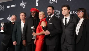 (L-R) US writer R. Scott Gemmill, US actor Shawn Hatosy, US director Damian Marcano, US actors Katherine LaNasa, Noah Wyle, Patrick Ball and US director Amanda Marsalis, winners of the Best Drama Series Award for "The Pitt", pose in the press room during the 31st Annual Critics Choice Awards at Barker Hangar in Santa Monica, California, on January 4, 2026. (Photo by Michael Tran/AFP)
