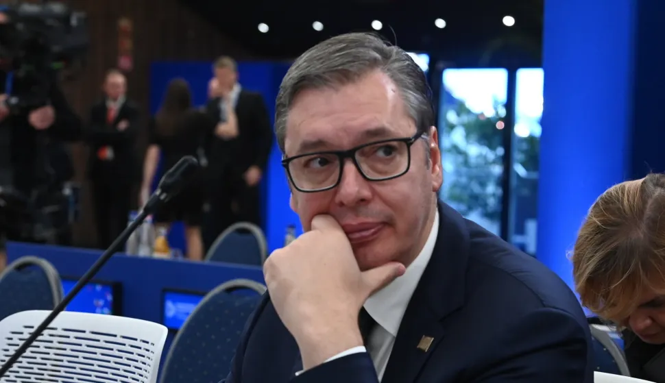 epa11707163 Serbian President Aleksandar Vucic attends a plenary session of the 5th summit of the European Political Community (EPC) held in Puskas Arena in Budapest, Hungary, 07 November 2024 EPA/ZOLTAN MATHE HUNGARY OUT