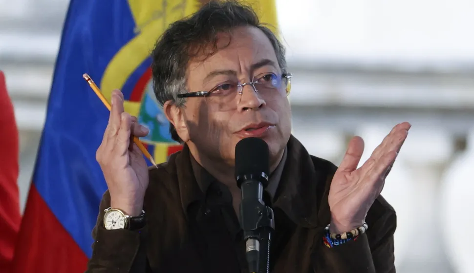 epa12461359 Colombian President Gustavo Petro speaks during a public ceremony recognizing the state's international responsibility before the Jose Alvear Restrepo Lawyers' Collective (Cajar) in Bogota, Colombia, 17 October 2025. The Colombian state publicly apologized to the collective for more than three decades of persecution, harassment, and illegal intelligence gathering, in compliance with the ruling of the Inter-American Court of Human Rights (IACHR), which in 2024 declared its international responsibility. EPA/MAURICIO DUENAS CASTANEDA