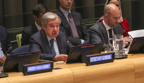epa12268861 Secretary-General of the United Nations Antonio Guterres (L) speaks during a conference on the two-State solution to the Israeli-Palestinian conflict, at the United Nations (UN) headquarters in New York, New York, USA, 28 July 2025. EPA/SARAH YENESEL