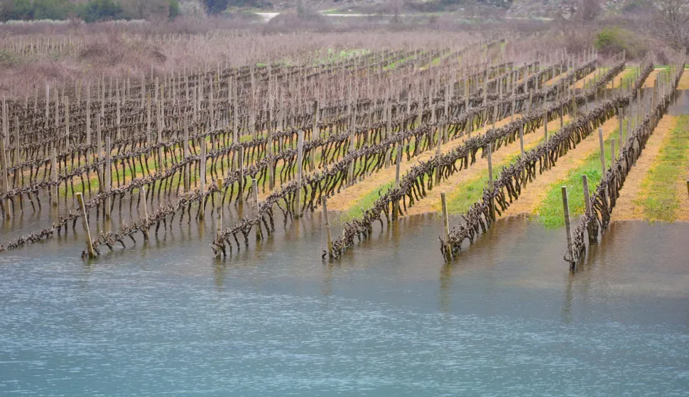Vrgorac, 17.03.2025 - Nakon obilnih ki&scaron;a poplavili su vinogradi i voćnjaci u vrgoračkom polju. Rijeka Matica se izlila iz toka u polju Jezero, a kako je izvijestio HAK na svojim službenim stranicama zbog vode na kolniku zatvorena je cesta Draževitići-Veliki prolog. foto HINA/ Jure DIVIĆ/ ik