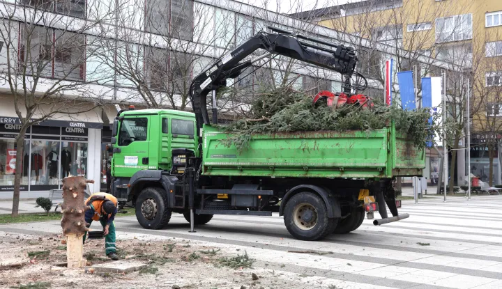 Osijek, 09. 01. 2025., Trg slobode, uklanjanje božićna jelka, boživno drvce, bor, UNIKOM, slobodnjaci, slobodnjakSNIMIO BRUNO JOBST