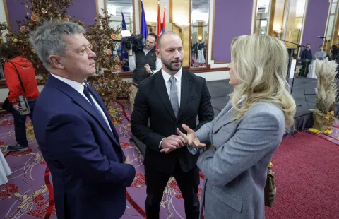 Zagreb, 06.01.2026 - Srpsko narodno vijeće (SNV) priredilo je tradicionalni božićni prijem. Na fotografiji Ivan Turudić, Damir Habijan, Nikolina Brnjac.foto HINA/ Admir BULJUBA&Scaron;IĆ/ abu