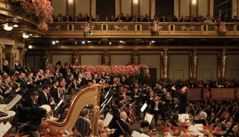 (260101) -- VIENNA, Jan. 1, 2026 (Xinhua) -- The Vienna Philharmonic Orchestra performs under the baton of conductor Yannick Nezet-Seguin during the 2026 Vienna Philharmonic New Year's Concert in Vienna, Austria, Jan. 1, 2026. (Dieter Nagl/The Vienna Philharmonic Orchestra/Handout via Xinhua) Photo: DIETER NAGL/XINHUA