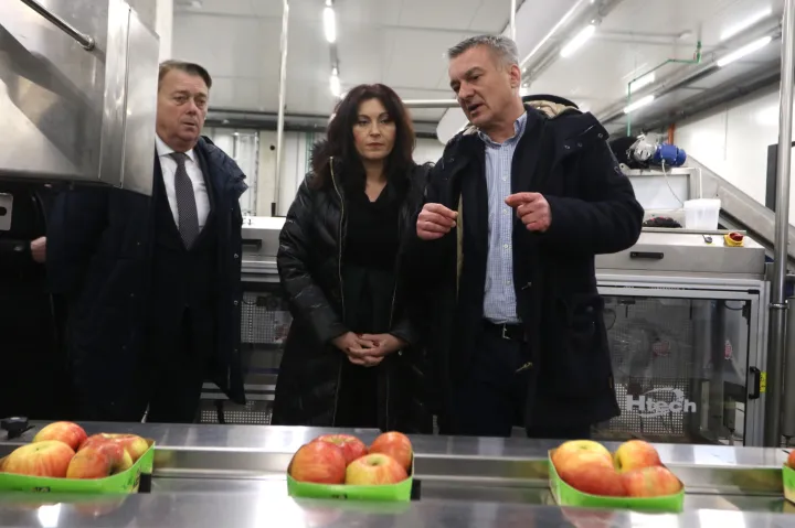 Osijek, 08. 01. 2026, Industriska zona Nemetin. Regionalni distribucijski centar, RDC, županica Nata&scaron;a Trami&scaron;ak obi&scaron;la centar i sastala se s proizvođačima jabuka. Goran Ivanović Lac, Nata&scaron;a Trami&scaron;ak i Alen Mamić.snimio GOJKO MITIĆ