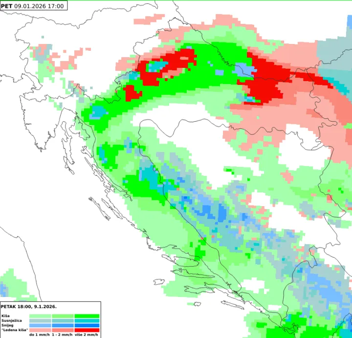 Prognoza vrste oborine prognostičkog modela Aladin za petak, 9. siječnja 2026. u 17 UTC (18 sati po lokalnom vremenu). Crvena boja označava ki&scaron;u koja se smrzava, plava boja susnježicu i snijeg, a zelena ki&scaron;u. Različite nijanse boja predstavljaju različite intenzitete oborine.