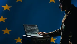 European Union alliance air defense early warning systems operator evaluating incoming enemy aerial attacks. EU counterintelligence division agent maintains air space superiority with radar, camera B