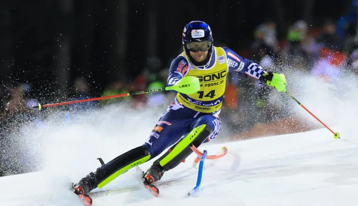 Croatia's Samuel Kolega competes in the first run of the Men's Slalom event, part of the FIS Alpine Ski World Cup 2025-2026, in Madonna di Campiglio, northern Italy, on January 7, 2026. (Photo by Pierre TEYSSOT/AFP)