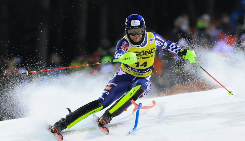 Croatia's Samuel Kolega competes in the first run of the Men's Slalom event, part of the FIS Alpine Ski World Cup 2025-2026, in Madonna di Campiglio, northern Italy, on January 7, 2026. (Photo by Pierre TEYSSOT/AFP)