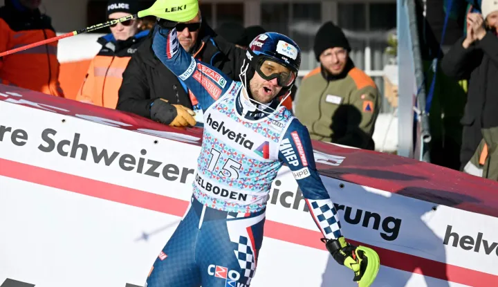 Croatia?s Samuel Kolega reacts after crossing the finish line during the second run of the Men's Slalom, part of the FIS Alpine Ski World Cup 2025-2026 in Adelboden, soutwestern Switzerland on January 11, 2026. (Photo by Fabrice COFFRINI/AFP)