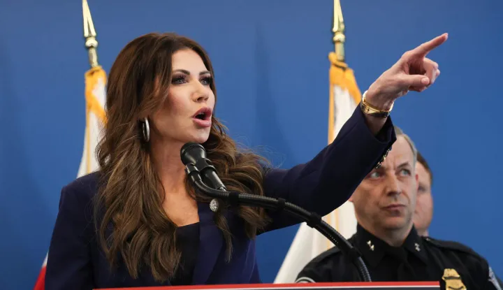 US Secretary of Homeland Security Kristi Noem speaks during a press conference in New York City on January 8, 2026. (Photo by TIMOTHY A.CLARY/AFP)