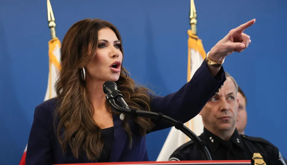 US Secretary of Homeland Security Kristi Noem speaks during a press conference in New York City on January 8, 2026. (Photo by TIMOTHY A.CLARY/AFP)