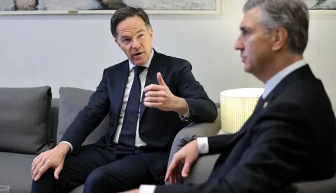 Zagreb, 12.1.2026 - Predsjednik Vlade Andrej Plenković sastao se u Banskim dvorima s glavnim tajnikom Organizacije Sjevernoatlantskog ugovora (NATO) Markom Rutteom. Na slici Andrej Plenković i Mark Rutte.Foto Hina/ Dario GRZELJ/ dag