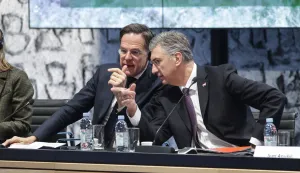 Zagreb, 12.01.2026.- Premijer Andrej Plenković i glavni tajnik Organizacije Sjevernoatlantskog ugovora (NATO) Mark Rutte sudjelovali su na sastanku s predstavnicima hrvatske obrambene industrije. Na fotografiji Mark Rutte, Andrej Plenković.foto HINA/ Admir BULJUBA&Scaron;IĆ/ abu