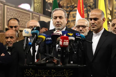 Iran?s Foreign Minister Abbas Araghchi speaks to the press during a visit to the shrine of slain Hezbollah leader Hassan Nasrallah in Beirut's southern suburbs on January 8, 2026. Lebanon's army said on January 8 that it had completed the first phase of its plan to disarm Hezbollah in south Lebanon, while Israel called the efforts encouraging but "far from sufficient". Under heavy US pressure and amid fears of expanded Israeli strikes, Lebanon has committed to disarming the Iran-backed militant group, which was badly weakened after more than a year of hostilities including two months of all-out war that ended with a November 2024 ceasefire. (Photo by Anwar AMRO/AFP)