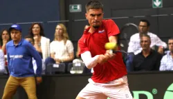 Osijek, 12. 09. 2025, SD Gradski vrt,i Davis Cup meč Hrvatska - Francuska, prvi dan. Dino Prižmić - C. Moutet. Dino Prižmić.snimio GOJKO MITIĆ.