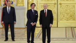 Russia's President Vladimir Putin, Foreign Minister Sergei Lavrov and France?s Ambassador to Russia Nicolas de Riviere attend a ceremony to receive letters of credence from newly appointed foreign ambassadors at the Grand Kremlin Palace in Moscow on January 15, 2026. (Photo by Ramil Sitdikov/POOL/AFP)