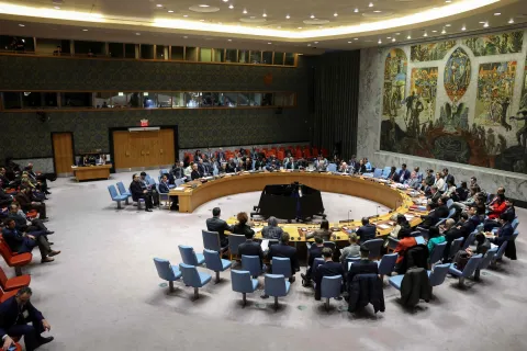 General view of a UN Security Council meeting on the situation in Iran at United Nations headquarters in New York on January 15, 2026. (Photo by ANGELA WEISS/AFP)