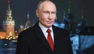 In this pool photograph distributed by Russian state owned agency Russian President Vladimir Putin delivers his traditional televised New Year's adress to the people of Russia in Moscow on December 31, 2025. (Photo by Mikhail METZEL/POOL/AFP)/***Editor's note: this image is distributed by the Russian state owned agency Sputnik***