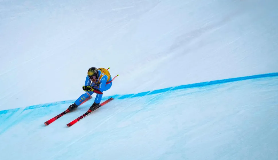 Italy's Giovanni Franzoni competes in the FIS alpine skiing Men's World Cup Super G event in Wengen, Swiss Alps, on January 16, 2026. (Photo by Dimitar DILKOFF/AFP)