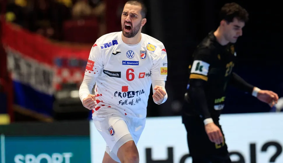 Croatia's right winger #06 Mario Sostaric celebrates during the EHF Euro 2026 group E preliminary round handball match between Croatia and Georgia in Malmo, Sweden, on January 17, 2026. (Photo by Andreas Hillergren/TT/TT News Agency/AFP)/Sweden OUT