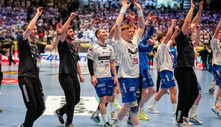 Faroe Islands' players celebrate after the men's EHF Euro 2026 preliminary round handball match Montenegro vs Faroe Islands in Oslo, Norway, on January 18, 2026. (Photo by Cornelius Poppe/NTB/AFP)/Norway OUT