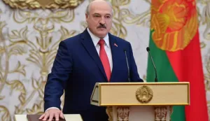 epa08690279 A handout photo made available by Belta shows Belarusian President Alexander Lukashenko swears-in during an inauguration ceremony at the Palace of Independence in Minsk, Belarus, 23 September 2020. Alexander Lukashenko officialy took an office as the President of Belarus amid ongoing opposition protests demanding new elections under international observation. EPA/ANDREI STASEVICH/BELTA/HANDOUT HANDOUT EDITORIAL USE ONLY/NO SALES