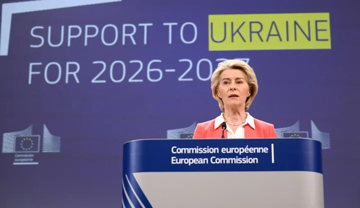 European Commission President Ursula von der Leyen speaks during a press conference to present a financial support package for Ukraine for 2026?2027 at the EU headquarters in Brussels on January 14, 2026. (Photo by Nicolas TUCAT/AFP)