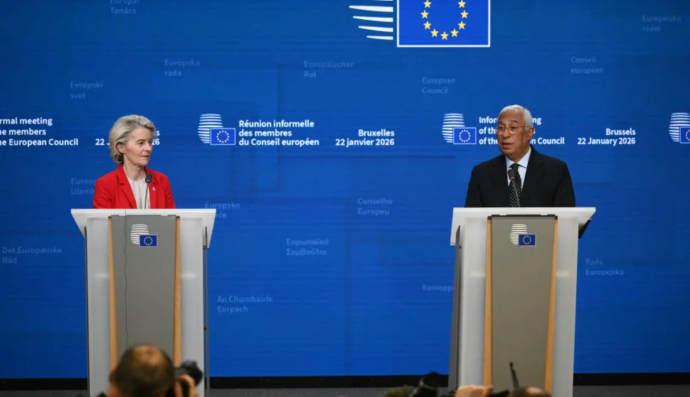 European Commission President Ursula von der Leyen and European Council President Antonio Costa deliver a speech for a closing press conference after an emergency meeting of the European Council over US President's Greenland threats, at the European headquarters in Brussels, on January 22, 2026. EU leaders meet on January 22, 2026, for an emergency summit on threats by US President to impose tariffs on countries opposed to his push to take Greenland, with crisis talks in Brussels coming to weigh potential countermeasures against the United States. (Photo by NICOLAS TUCAT/AFP)