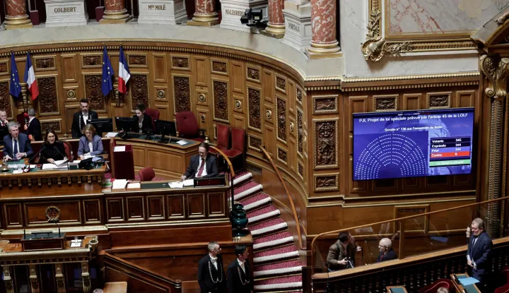 This photo shows a screen displaying the results of the vote following a solemn examination and vote on the special budget bill presented by the government to continue to provisionally finance the State and administrations, at the Senate, the French Parliament upper house, in Paris on December 23, 2025. In the absence of a budget passed before December 31 2025, a special law will be submitted to Parliament, a legislative tool intended to ensure the continuity of the State in order to temporarily escape the budgetary impasse. (Photo by STEPHANE DE SAKUTIN/AFP)