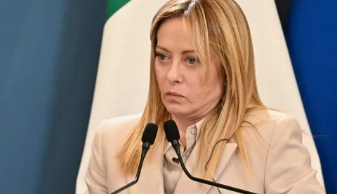 Italy's Prime Minister Giorgia Meloni attends a press conference aith Germany's Chancellor (unseen) after attending an Intergovernmental summit between Italy and Germany, at Villa Doria Pamphilj in Rome on January 23, 2026. (Photo by Andreas SOLARO/AFP)