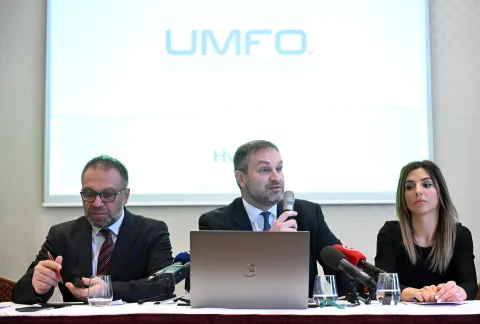26.01.2026., Zagreb - Udruga drustava za upravljanje mirovinskim fondovima i mirovinskih osiguravajucih drustava UMFO odrzali konferenciju za medije u hotelu Esplanada. Kristijan Buk, Gordan Sumanovic, Rosa Maric, Petar Vlaic Photo: Marko Lukunic/PIXSELL