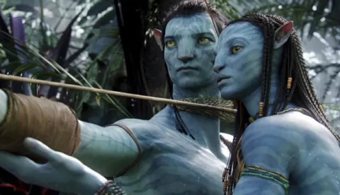 (L-R): Jake Sully (voiced by Sam Worthington) and Neytiri (voiced by Zoe Saldana) in Twentieth Century Fox's AVATAR. Photo courtesy of Twentieth Century Fox. &copy; 2009 Twentieth Century Fox. All Rights Reserved.