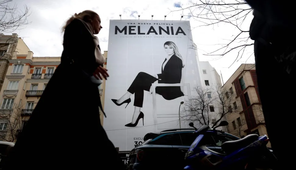 Picture taken in Madrid on January 22, 2026 shows a giant advertising billboard for the documentary film "Melania" about US First Lady Melania Trump. The world premiere for the documentary "MELANIA" will take place at the Trump-Kennedy Center (formerly the Kennedy Center) in Washington, D.C., on the eve of its global theatrical release scheduled for January 30, 2026. (Photo by Thomas COEX/AFP)