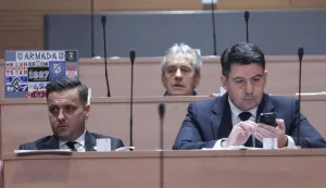 Zagreb, 28.01.2026.- Hrvatski sabor, nastavak 9. sjednice Hrvatskog sabora koja je započela raspravom o Prijedlogu odluke o razrje&scaron;enju viceguvernera Hrvatske narodne banke. Na fotografiji Ante Kujundžić, Josip Jurčević, Nikola Grmoja.foto HINA/ Admir BULJUBA&Scaron;IĆ/ abu