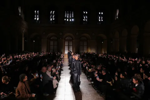 Models present creations by Hermes for the Menswear Ready-to-wear Fall-Winter 2026/2027 collection as part of the Men Paris Fashion Week in Paris on January 24, 2026. (Photo by Thomas SAMSON/AFP)