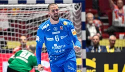Croatia's right winger #06 Mario Sostaric celebrates during the men's EHF Euro 2026 main round handball match Croatia v Hungary in Malmoe, Sweden, on January 28, 2026. (Photo by Johan Nilsson/TT/TT NEWS AGENCY/AFP)/Sweden OUT