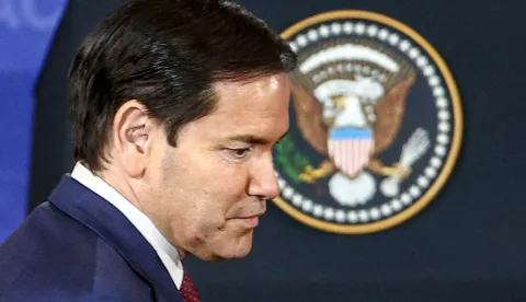 USA, ANCHORAGE - AUGUST 15, 2025: US Secretary of State Marco Rubio arrives for a joint press conference by Presidents Donald Trump of the US and Vladimir Putin of Russia following their meeting at Joint Base Elmendorf-Richardson. Sergei Bulkin/TASS/Sipa USA Photo: Tass/SIPA USA