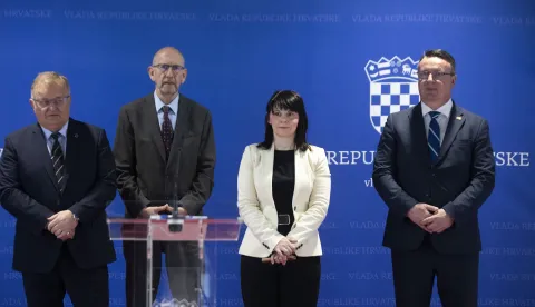 Zagreb, 28.01.2026 - Predstavljanje Uredbe o načinu financiranja decentraliziranih funkcija te izračuna iznosa pomoći izravnanja za decentralizirane funkcije jedinica lokalne i područne (regionalne) samouprave za 2026. godinu.. Na fotografiji Danijela Stepić, Danijel Maru&scaron;ić, Željko Turk, Božo Lasić. foto HINA/ Daniel KASAP/ dk