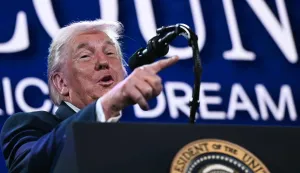 US President Donald Trump delivers remarks on 'Trump Accounts' at the Andrew W. Mellon Auditorium in Washington, DC, on January 28, 2026. (Photo by Brendan SMIALOWSKI/AFP)