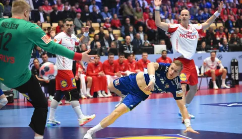 Iceland's pivot #18 Ellidi Snaer Vidarsson shoots during the men's EHF Euro 2026 semi-finals handball match Denmark vs Iceland in Herning, Denmark, on January 30, 2026. (Photo by Jonathan Nackstrand/AFP)