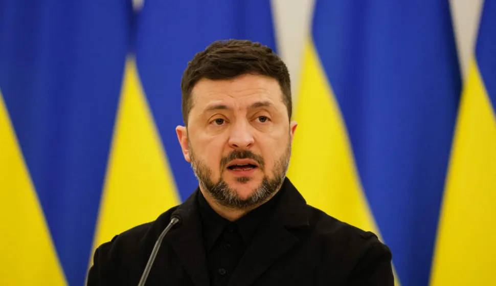Ukraine's President Volodymyr Zelensky speaks during a joint press conference with Lithuania's President and Poland's President, after attending commemorations of the 1863 uprising, in Vilnius on January 25, 2026. (Photo by Petras Malukas/AFP)