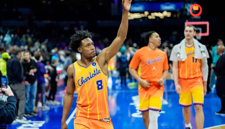 CHARLOTTE, NORTH CAROLINA - JANUARY 31: Collin Sexton #8 of the Charlotte Hornets walks off the court after defeating the San Antonio Spurs during their game at Spectrum Center on January 31, 2026 in Charlotte, North Carolina. NOTE TO USER: User expressly acknowledges and agrees that, by downloading and or using this photograph, User is consenting to the terms and conditions of the Getty Images License Agreement. Jacob Kupferman/Getty Images/AFP (Photo by Jacob Kupferman/GETTY IMAGES NORTH AMERICA/Getty Images via AFP)
