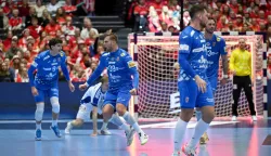 Croatia's wing #39 David Mandic (2nd L) celebrates a goal during the men's EHF Euro 2026 third place handball match Iceland vs Croatia in Herning, Denmark, on February 1, 2026. (Photo by Jonathan Nackstrand/AFP)