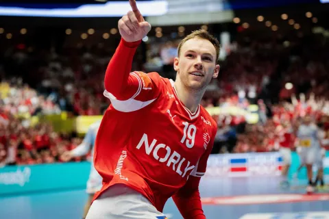 Denmark's right back #19 Mathias Gidsel celebrates during the men's EHF Euro 2026 main round handball match Spain vs Denmark in Herning, Denmark, on January 24, 2026. (Photo by Sebastian Elias Uth/Ritzau Scanpix/AFP)/Denmark OUT