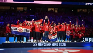 Croatia's players celebrate during the awarding ceremony after the team won bronze in the Men's EHF Euro 2026 finals in Herning, Denmark, on February 1, 2026. (Photo by Jonathan Nackstrand/AFP)