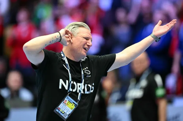 Denmark's coach Nikolaj Jacobsen reacts after the Men's EHF Euro 2026 final handball match Denmark vs Germany in Herning, Denmark, on February 1, 2026. (Photo by Jonathan Nackstrand/AFP)